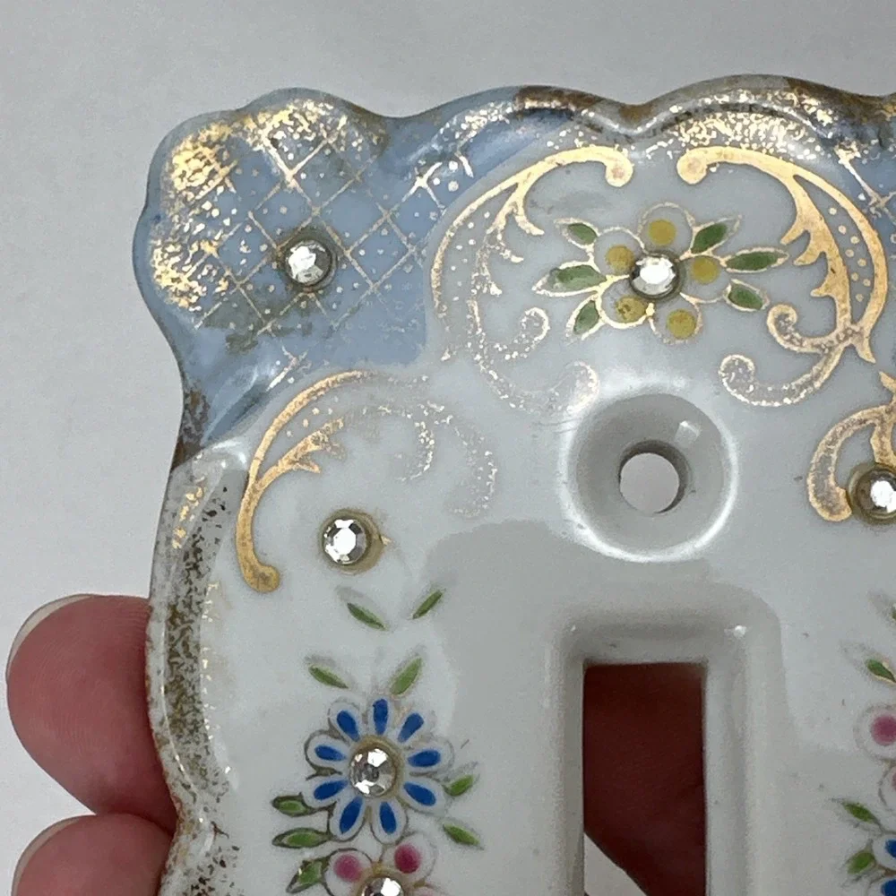 Vintage Lefton's Floral Rhinestones Porcelain Light Switch Plate Cover Blue 2685